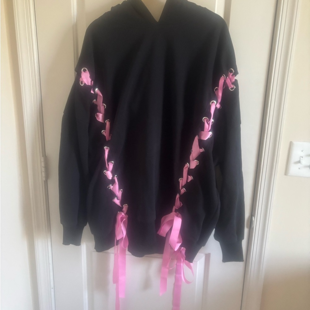 Current Mood Black oversized distressed Hoodie with pink ribbons